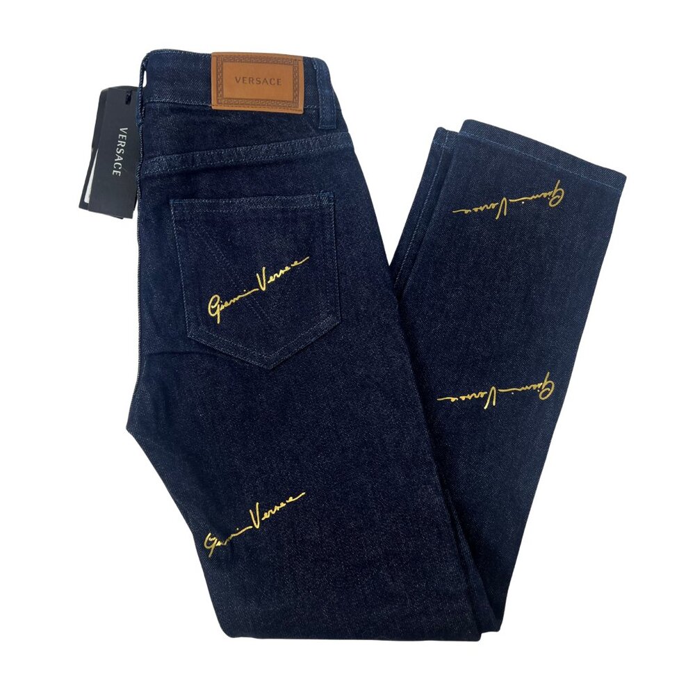 Versace Kids Blue & Gold Pantalone Lungo Pants | Size 8A (128 cm)
